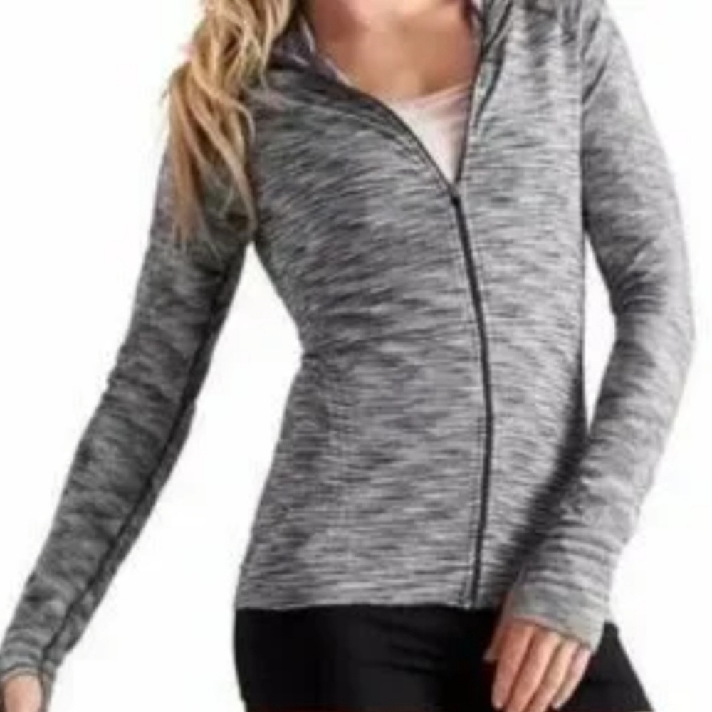 ATHLETA SPACEDYE SEAMELESS FULL-ZIP HOODED JACKET. SIZE X-LARGE. BLACK/ WHITE